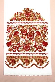 Рушник свадебный с красно-золотым рисунком (птички и цветы). Длина 150 см, ширина 35см. арт.070-439
