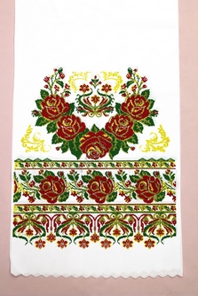 Рушник свадебный с красно-зелено-золотым рисунком (цветы). Длина 150 см, ширина 35см. арт.070-440