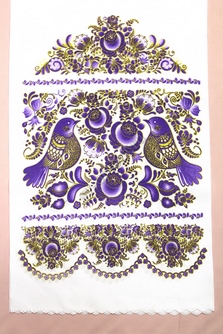 Рушник свадебный с фиолетово-золотым рисунком (птички и цветы). Длина 150 см, ширина 35см. арт.070-445