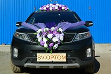 Свадебные украшения на машину, фиолетово-белые (кольца на крышу, сердце с цветами с фатином на капот, цветы на зеркала и на ручки), арт.119-107