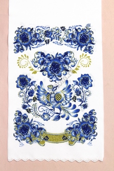 Рушник свадебный синий с золотом (птица и цветы). Длина 120 см, ширина 25см. арт.070-474