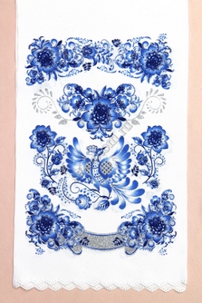 Рушник свадебный с рисунком синий с серебром (птица и цветы). Длина 120 см, ширина 25см. арт.070-476