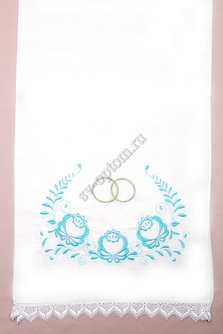 Рушник свадебный с натурального хлопка с голубой вышивкой с цветами и кольцами арт.070-482