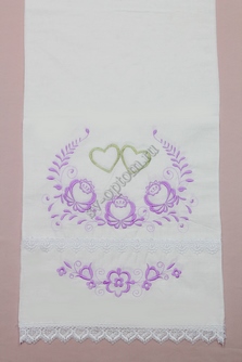 Рушник свадебный с натурального хлопка с сиреневой вышивкой с цветочками и сердечками арт.070-498