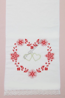 Рушник свадебный с натурального хлопка с красной вышивкой с цветочками и сердечками арт.070-501