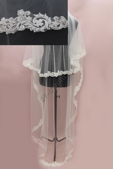 Фата с расшитым кружевом (бисер, пайетки). Цвет: айвори. Длина 3х1,5м (38) арт. 0273-370