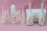 Набор белый-айвори с перьями и брошками (сундучок, шампанское, свечи, бокалы) арт. 053-334