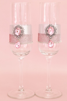 Бокалы на свадьбу ручной работы розово-серые с брошками арт.0454-736