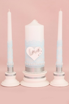 Свадебные свечи для семейного очага голубые с кружевом и сердечком Love арт.062-343