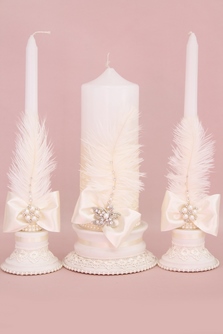 Свадебные свечи для семейного очага айвори с перьями арт.062-347