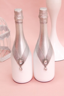 Шампанское на свадьбу украшенное белое с серебром Santo Stefano арт.046-063