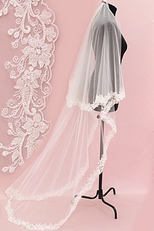 Фата айвори с кружевом, пайетками, бисером и стеклярусом. Длина 3 метра (40) арт. 0273-468