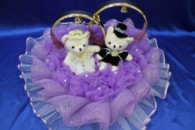 Свадебные кольца на машину маленькие мишки с фиолетовой сеткой и органзой арт. 122-493