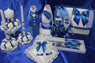 Набор синий (свечи, бокалы, одежда на шампанское, сундучок, подушечка, ножи) арт. 053-163