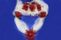 Свадебные украшения на машину, кольца и лента на капот с большими красными цветами и фатином айвори арт.119-071