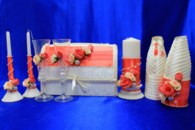 Свадебный набор коралловый, семейный очаг, свадебные бокалы, украшение на бутылки, семейный банк арт. 053-103