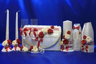 Свадебный набор красный айвори, семейный очаг, свадебные бокалы, украшение на бутылки, семейный банк арт. 053-092