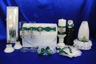 Свадебный набор зеленый, семейный очаг, свадебные бокалы, украшение на бутылки, семейный банк, нож и лопатка, подушка для колец, подвязка арт. 053-085