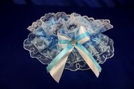 Подвязка для невесты кружевная бело-голубая с бело-голубым бантиком арт.019-020