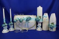 Свадебный набор голубой с пионами, свадебные бокалы, семейный очаг, украшение на бутылки, семейный банк арт.053-079