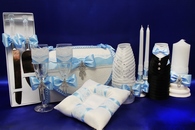 Свадебный набор голубой, семейный банк, украшение на бутылки, семейный очаг, свадебные бокалы, нож и лопатка, подушка арт.053-075