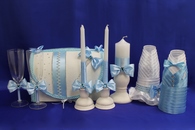 Свадебный набор голубой, семейный банк, украшение на бутылки, семейный очаг, свадебные бокалы арт. 053-063