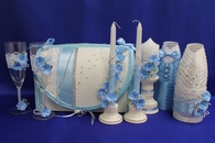 Свадебный набор голубой, семейный банк, украшение на бутылки, семейный очаг, свадебные бокалы арт. 053-025
