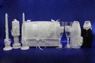 Свадебный набор белый, сундучок, украшение на бутылки, семейный очаг, бокалы арт. 053-006