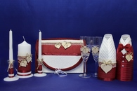 Свадебный набор бордовый (Сундучок, Одежда на шампанское, Свечи, Бокалы, ) арт. 053-201