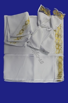 Комплект рушников белый, кружево золотое (большой рушник, маленький, 3 салфетки,мешочки ) арт. 074-010