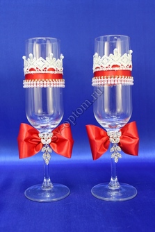Свадебные бокалы  ручной работы с красными бантиками арт. 045-071