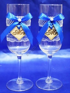 Свадебные бокалы ручной работы синие с сердечками арт. 045-648