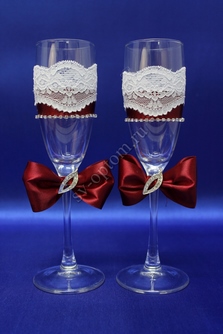 Свадебные бокалы  ручной работы с бордовыми бантиками арт. 045-046