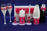 Свадебный набор малиновый (Сундучок, Одежда на шампанское, Свечи, Бокалы) арт. 053-239