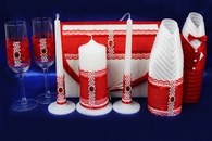 Свадебный набор красный (Сундучок, Одежда на шампанское, Свечи, Бокалы) арт. 053-244