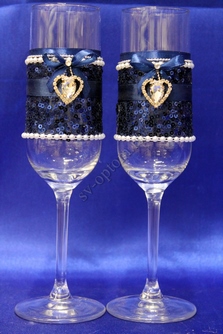 Свадебные бокалы ручной работы синие с паетками и брошками арт. 0454-692
