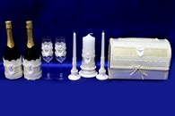 Набор айвори с кружевом и надписями (сундучок, тубы на шампанское, свечи, бокалы) арт. 053-292